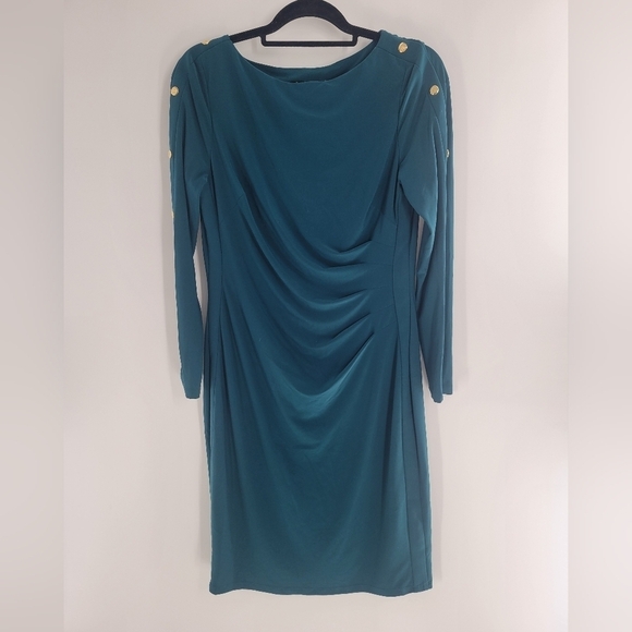 Lauren Ralph Lauren Green Long Sleeve Ruched Jersey Dress Size 12 - Picture 1 of 4